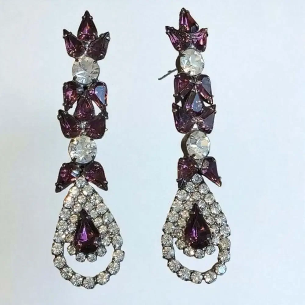 Purple and Silver Crystal Drop Earrings